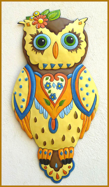 Painted Metal Owl Wall Hanging - Decorative Wall Art 24"  -Outdoor Wall Art